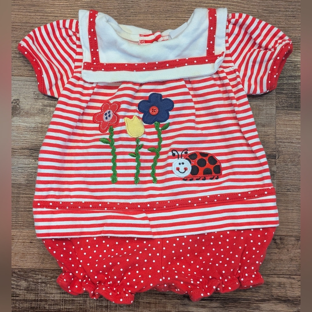 Vintage Okie Dokie Baby Bubble Romper Ladybug Flowers Red White Striped 0-3 Mon
